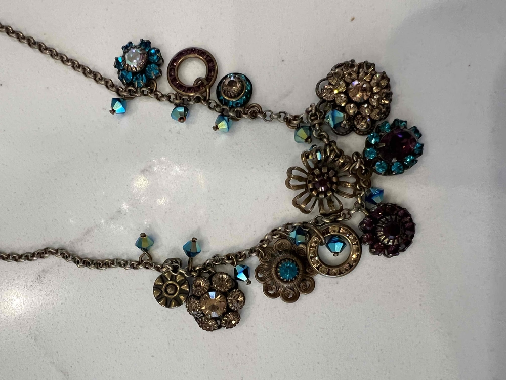 Liz Palacios Gold/ Blue Necklace SF Vintage Rhinestones